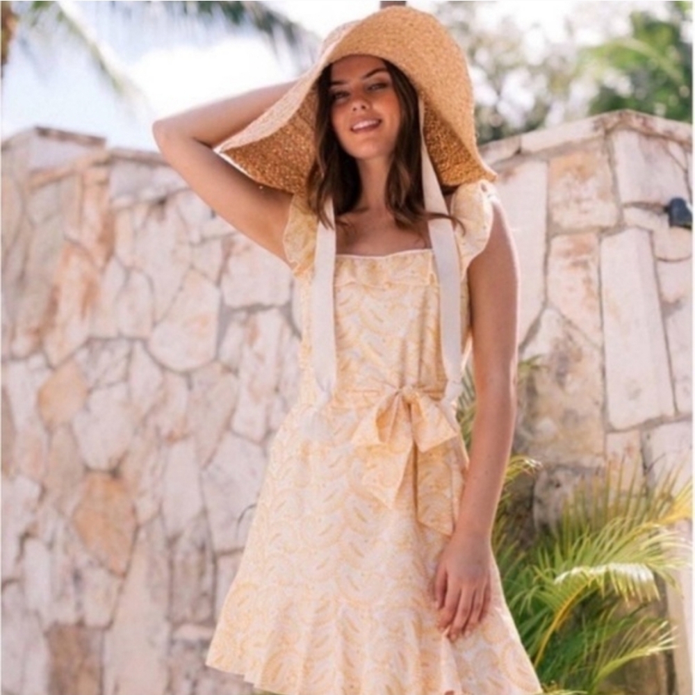 Gal  Meets Glam Abby Yellow Embroidered Eyelet Ruffle Mini Dress